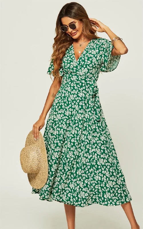 Floral Print Wrap Midi Dress In Green Printed Floral Midi