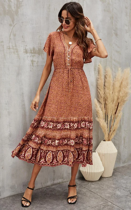 Floral Printed Tiered Midi Dress In Rusty Red Casual Midi Skirt