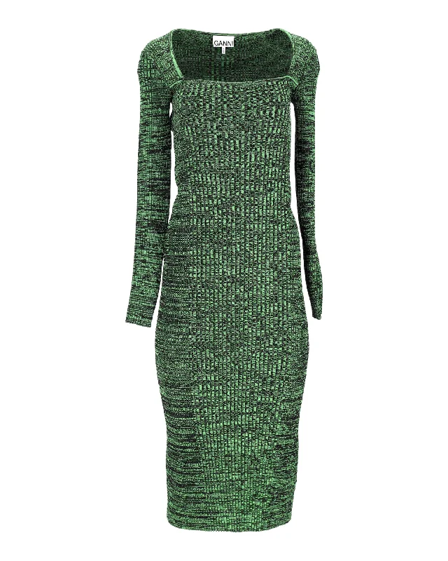 Ganni Square Neck Knitted Dress in Green Viscose Wrap unclassified dresses