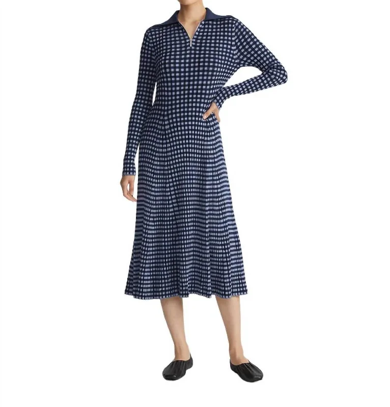 Gingham Responsible Matte Crepe Collared Half-Zip Dress In Midnight Blue Multi Graduation unclassified dresses