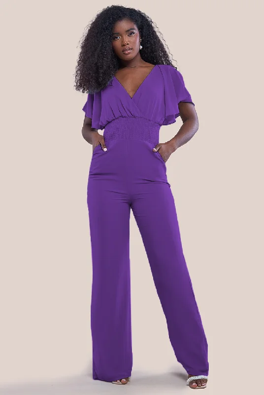 Goddiva Chiffon Jumpsuit With Flutter Sleeves - Purple High-low unclassified dresses