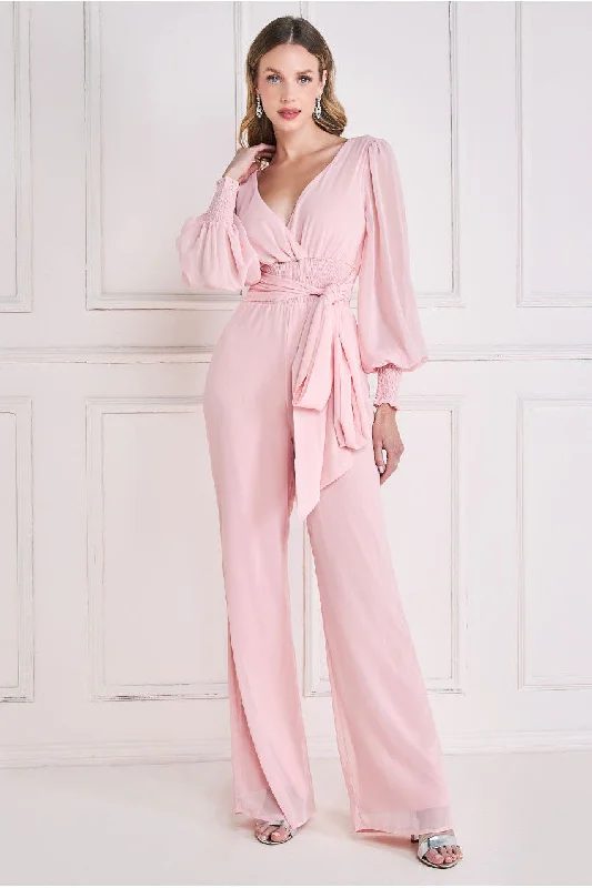 Goddiva Chiffon Puffy Sleeve Jumpsuit - Blush Cotton unclassified dresses
