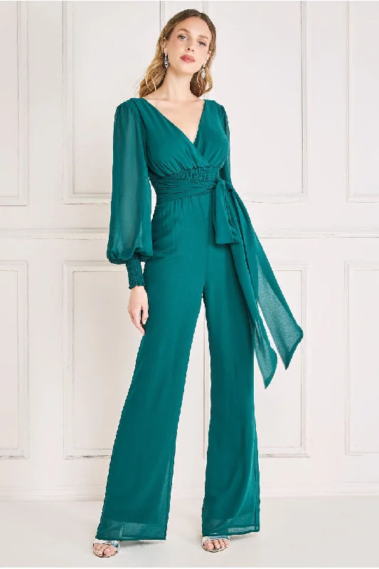 Goddiva Chiffon Puffy Sleeve Jumpsuit -  Emerald Green Street style unclassified dresses