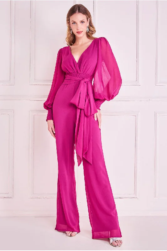 Goddiva Chiffon Puffy Sleeve Jumpsuit - Magenta Knitted unclassified dresses