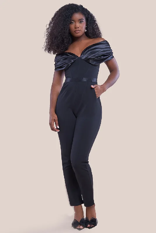 Goddiva Corset Bodice Scuba & Satin Bardot Jumpsuit - Black Office unclassified dresses