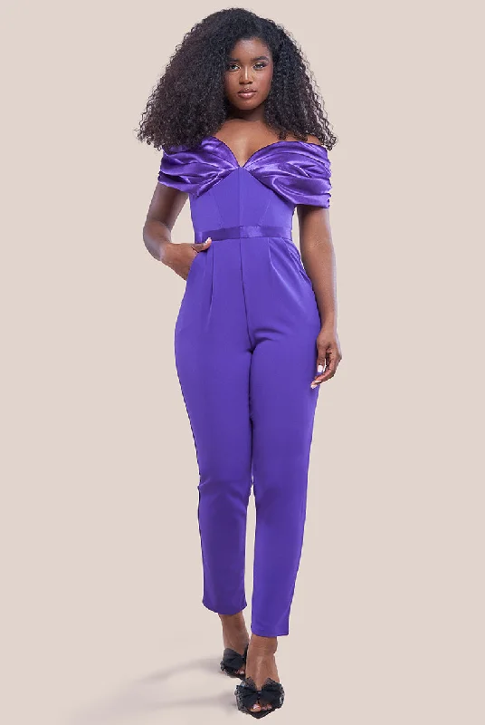 Goddiva Corset Bodice Scuba & Satin Bardot Jumpsuit - Purple Sleeveless unclassified dresses