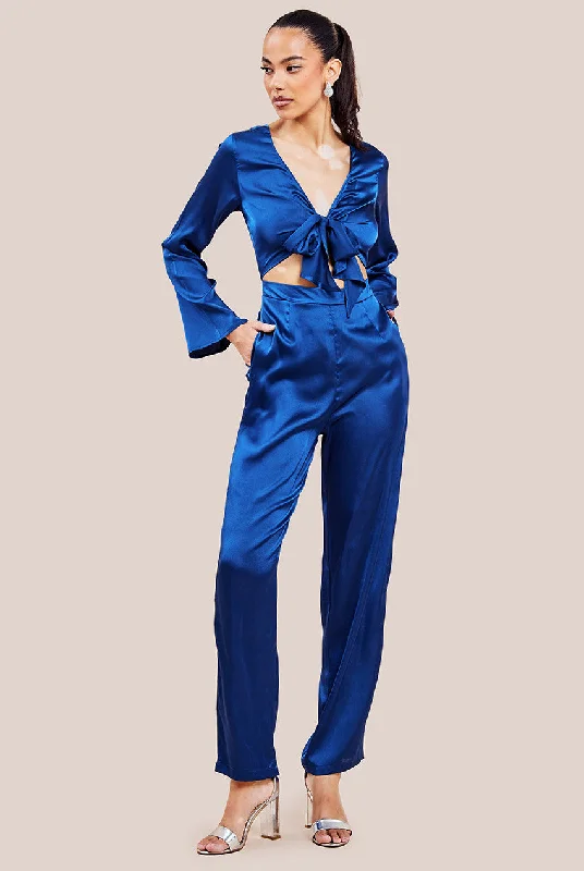 Goddiva Cut Out Satin Jumpsuit - Navy Embroidered unclassified dresses