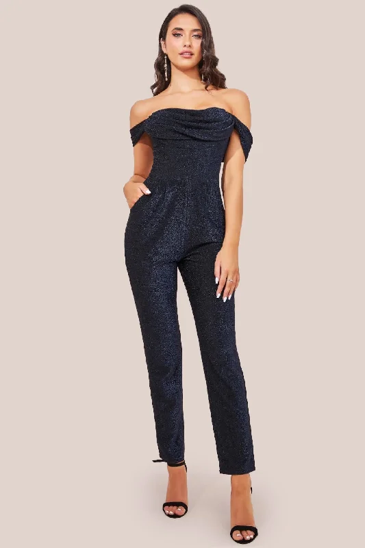 Goddiva Lurex Cowl Neck Jumpsuit - Navy Anniversary unclassified dresses