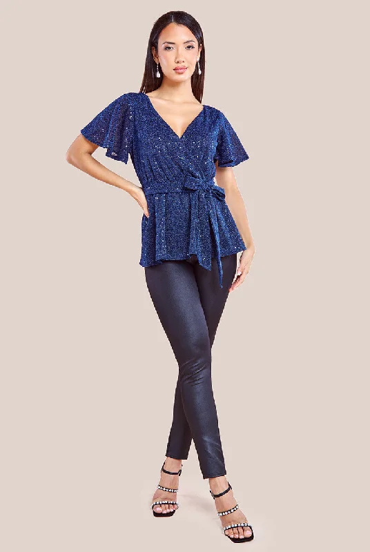 Goddiva Lurex Flutter Sleeve Wrap Top - Navy Boho unclassified dresses