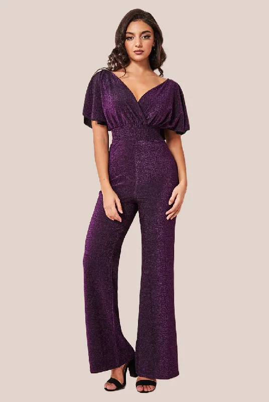 Goddiva Lurex Wrap Style Jumpsuit - Magenta Breathable unclassified dresses