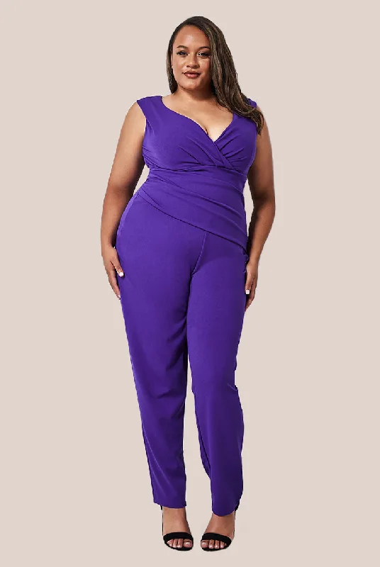 Goddiva Plus Bardot Scuba Jumpsuit - Purple Metallic unclassified dresses