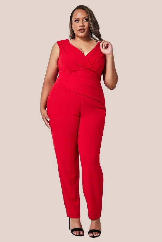Goddiva Plus Bardot Scuba Jumpsuit - Red Formal unclassified dresses