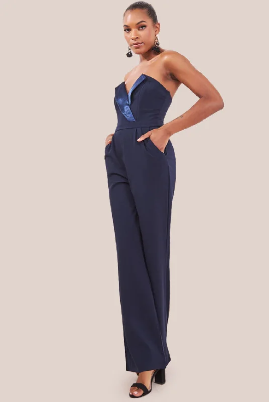 Goddiva Satin Collar Scuba Jumpsuit - Navy Festival unclassified dresses