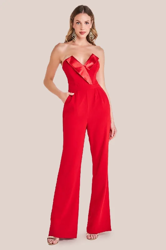 Goddiva Satin Collar Scuba Jumpsuit - Red A-line unclassified dresses