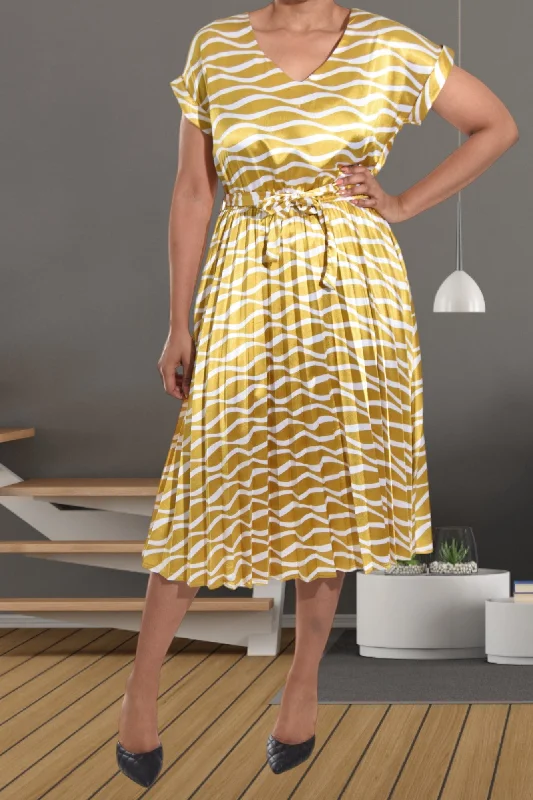Gold and Cream Pleated Satin Dress Sleeveless unclassified dresses