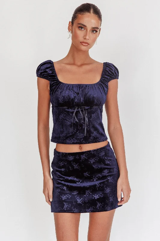 Good Luck Ribbon Trim Velvet Top Navy Y2K unclassified dresses