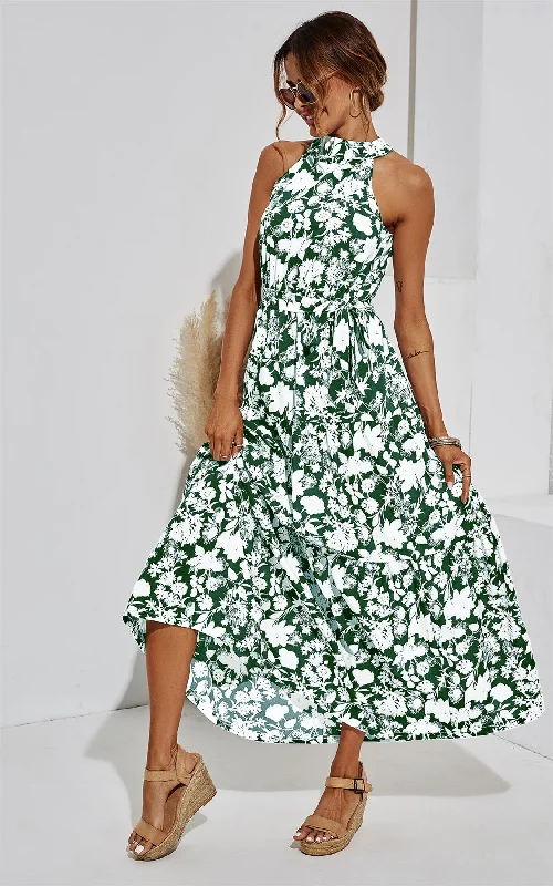 Halter Neck Midi Layer Dress In Green & White Flora Print Ruffled Floral Skirt
