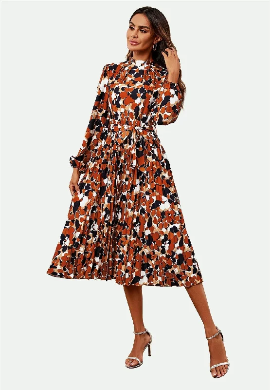 High Neck Long Sleeve Midi Dress In Rust Front Button Midi