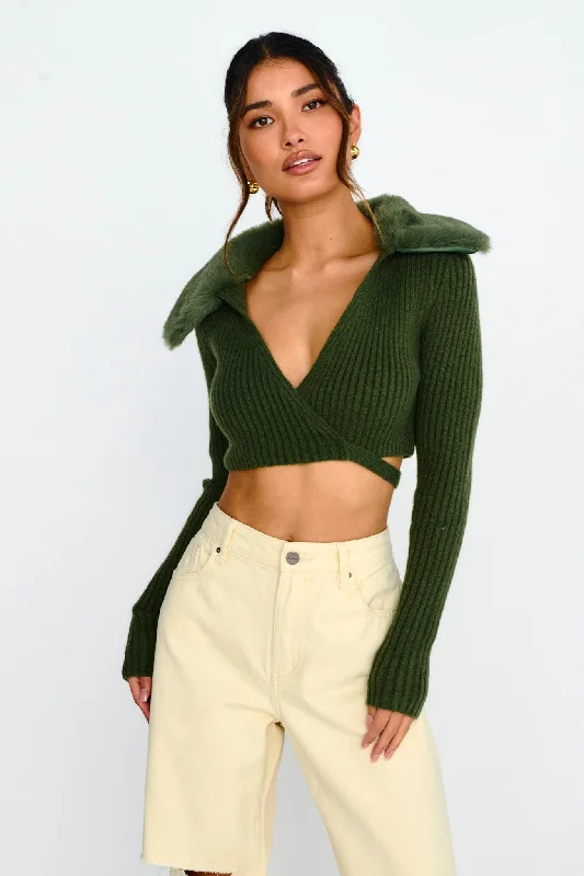 Hollyoak Fur Collar Knit Crop Top Dark Olive Holiday unclassified dresses