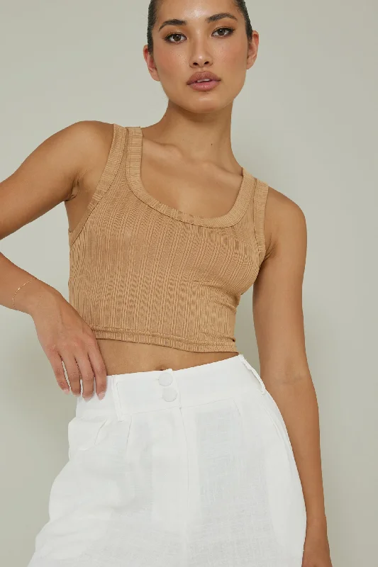 In Sync Scoop Neck Crop Top Mocha Stretchy unclassified dresses
