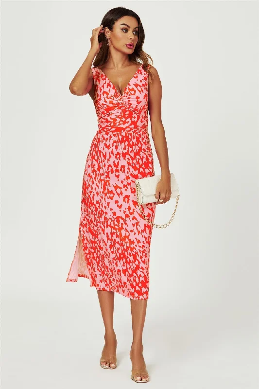 Leopard Print V Neck Knot Front Midi Dress In Pink Midi Skirt Blouse