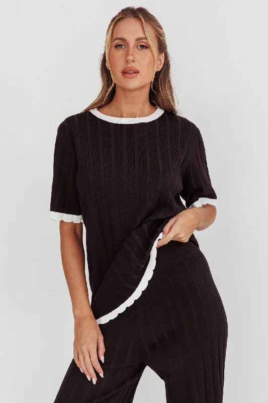 Liloh Contrast Trim Ribbed Knit Top Black Sexy unclassified dresses