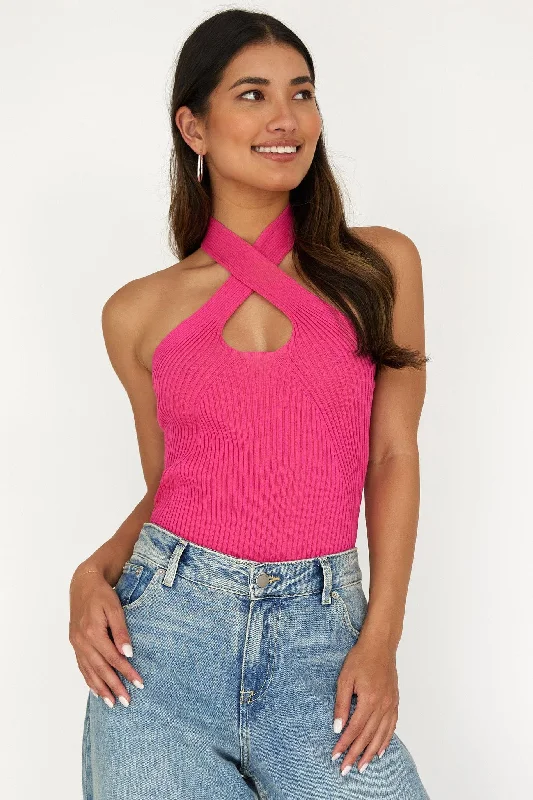 Lou Cut-Out Halter Top Hot Pink Color block unclassified dresses