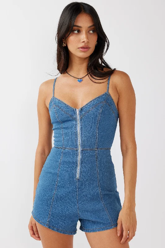 Lyric Cami Strap Zipper Front Romper Dark Blue Y2K unclassified dresses