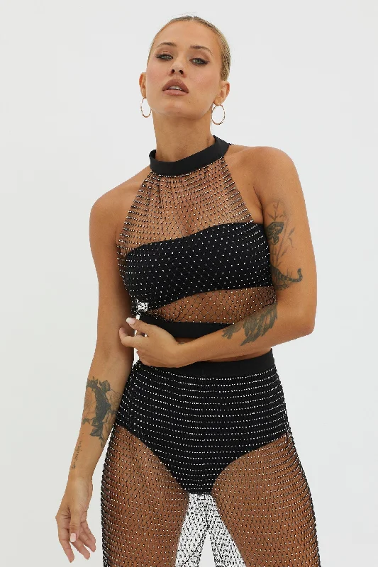 Moon Rock Diamante Mesh Top Black Soft fabric unclassified dresses