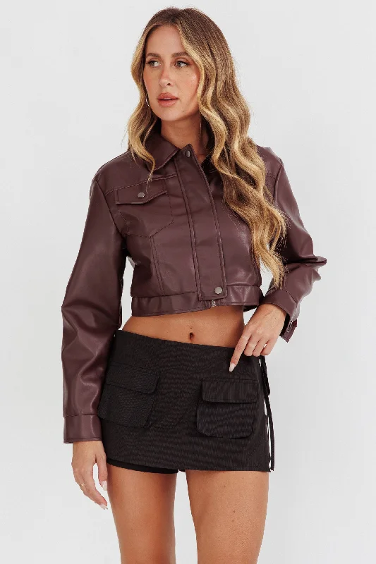 Navigator Snap Button Faux Leather Jacket Brown Beach unclassified dresses