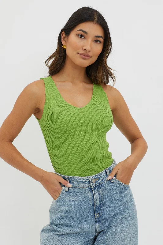Off-Duty V-Neck Ribbed Knit Top Green Ruffled unclassified dresses