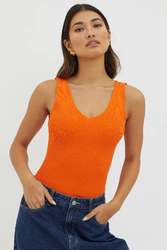 Off-Duty V-Neck Ribbed Knit Top Orange Denim unclassified dresses