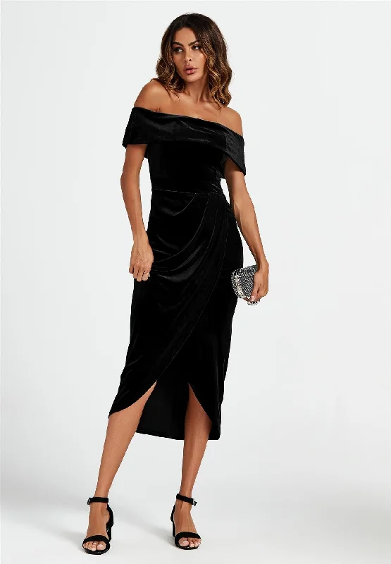 Off Shoulder Velvet Midi Dress In Black Midi Skirt Casual