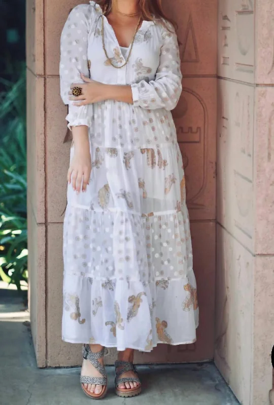 Pano Tiered Dress In White And Gold Formal unclassified dresses