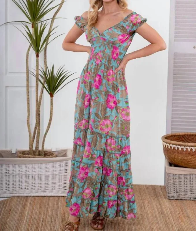 Peonie Rosa Dress In Aqua/hot Pink Smocked unclassified dresses