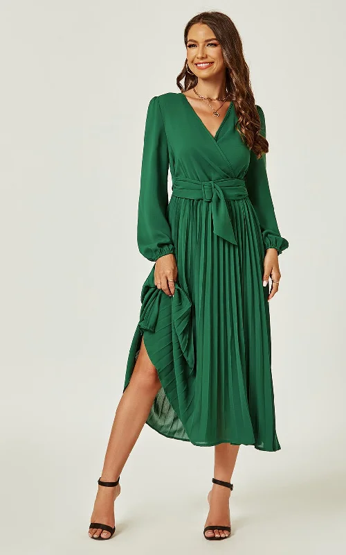 Pleated Midi Skirt Wrap Dress In Green Bright Midi Skirt