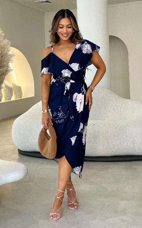 Portia Midi Dress - Navy Floral Structured Midi Skirt