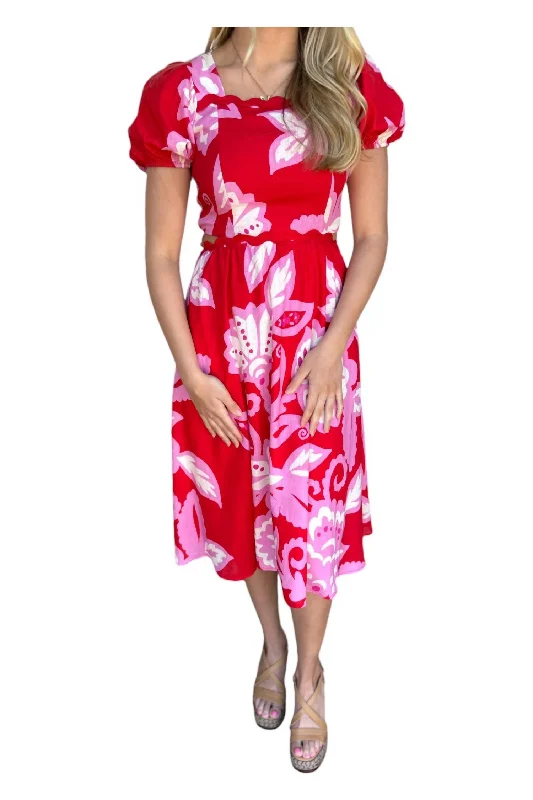 Printed Puff Sleeve Midi Dress In Red Midi Skirt Look