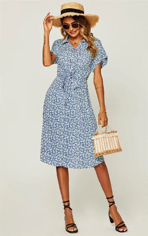 Relaxed Floral Print Button Down Midi Shirt Dress In Blue Casual Midi Outfit
