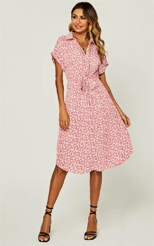 Relaxed Floral Print Button Down Midi Shirt Dress In Pink Fitted Midi Skirt