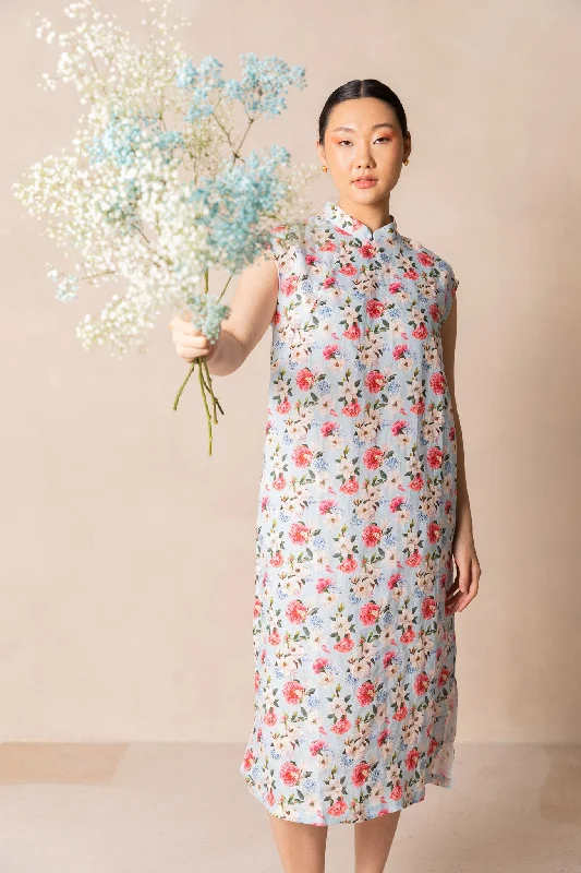 Retro Blue Peony Print Cap Sleeve Cheongsam Dress High-low unclassified dresses