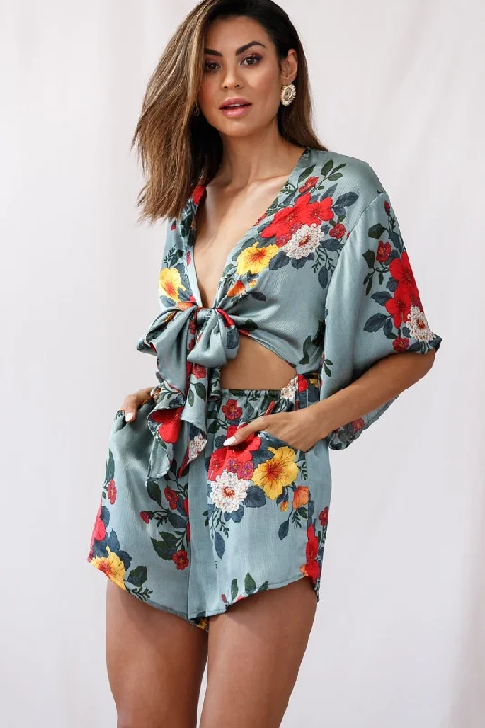Rivera Tie-Knot Bell Sleeve Romper Sage Lounge unclassified dresses