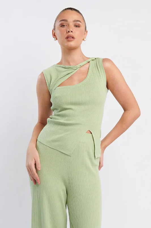 Rossana Twist Neck Sleeveless Keyhole Top Sage Metallic unclassified dresses