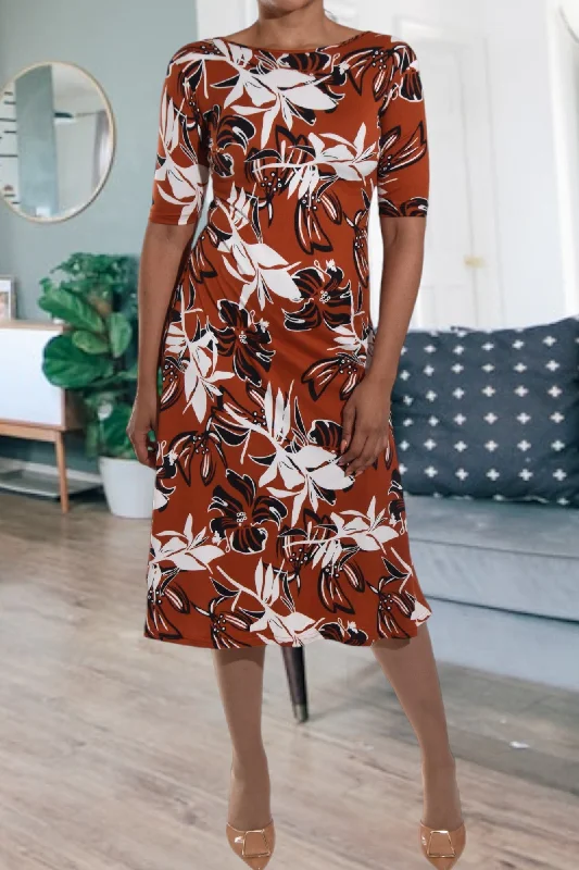 Rust Printed Crew Neck Dress Women's unclassified dresses