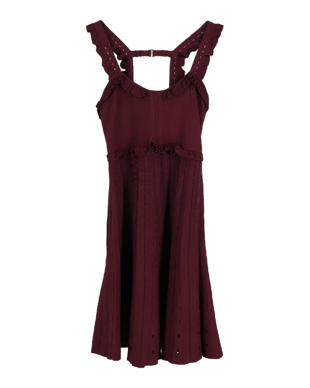 Sandro Silvi Ruffle Strap A-Line Dress in Burgundy Viscose Long unclassified dresses