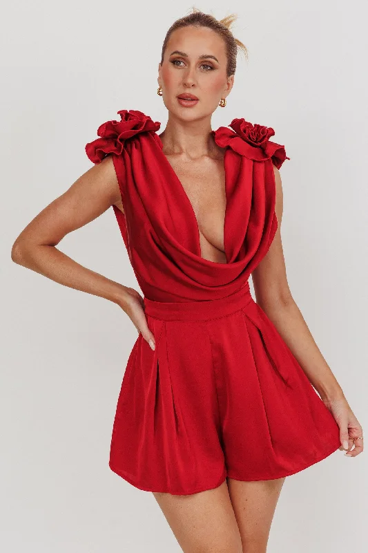 Superstar Draped Cowl Neck Rosettes Romper Wine Affordable unclassified dresses
