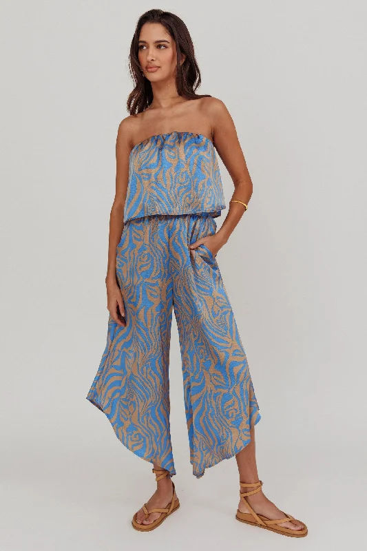 Tongue Tied Printed Strapless Jumpsuit Blue Dark color unclassified dresses