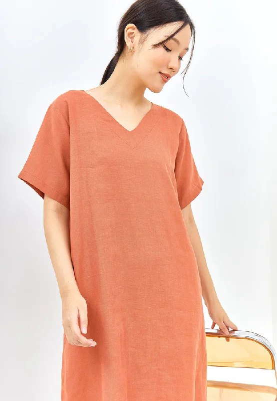 V-Neck Linen Lounge Dress in Burnt Orange Beaded unclassified dresses