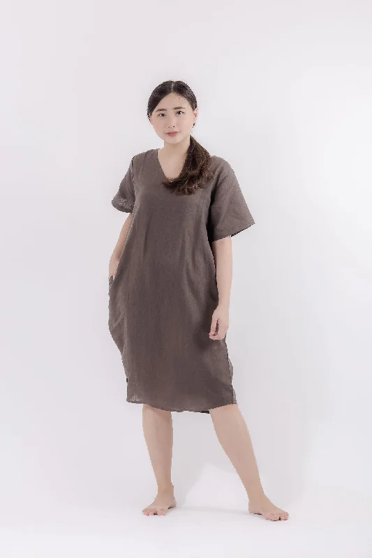V-Neck Linen Lounge Dress in Coffee Brown Beaded unclassified dresses