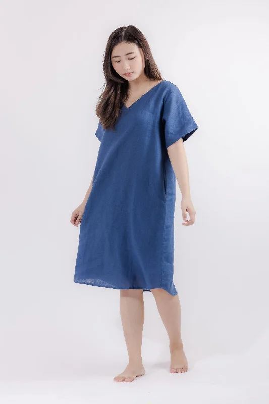 V-Neck Linen Lounge Dress in Dark Blue Long unclassified dresses
